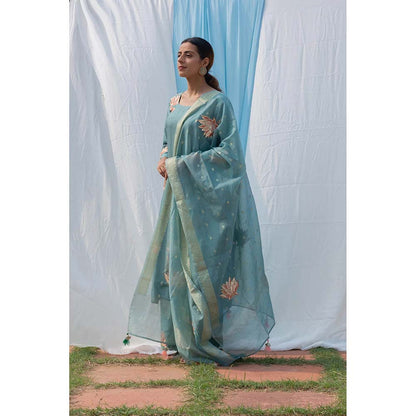 Saatvikei Lotus - Powder Blue Kurta with Pant and Dupatta (Set of 3)