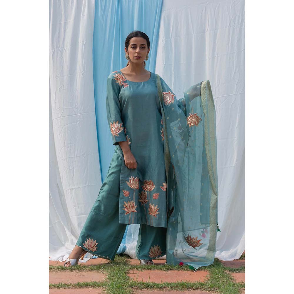 Saatvikei Lotus - Powder Blue Kurta with Pant and Dupatta (Set of 3)