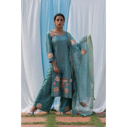 Saatvikei Lotus - Powder Blue Kurta with Pant and Dupatta (Set of 3)