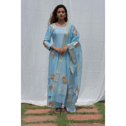 Saatvikei Lotus - Sky Blue Kurta with Pant and Dupatta (Set of 3)