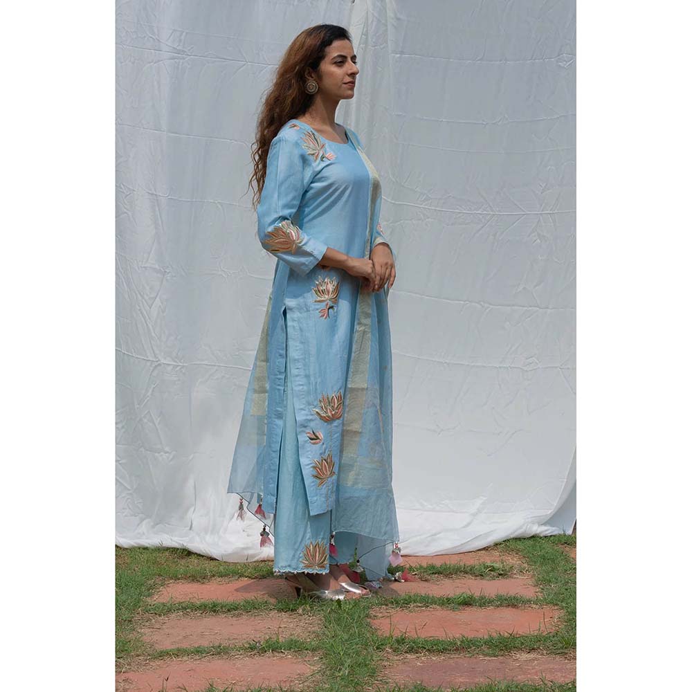 Saatvikei Lotus - Sky Blue Kurta with Pant and Dupatta (Set of 3)