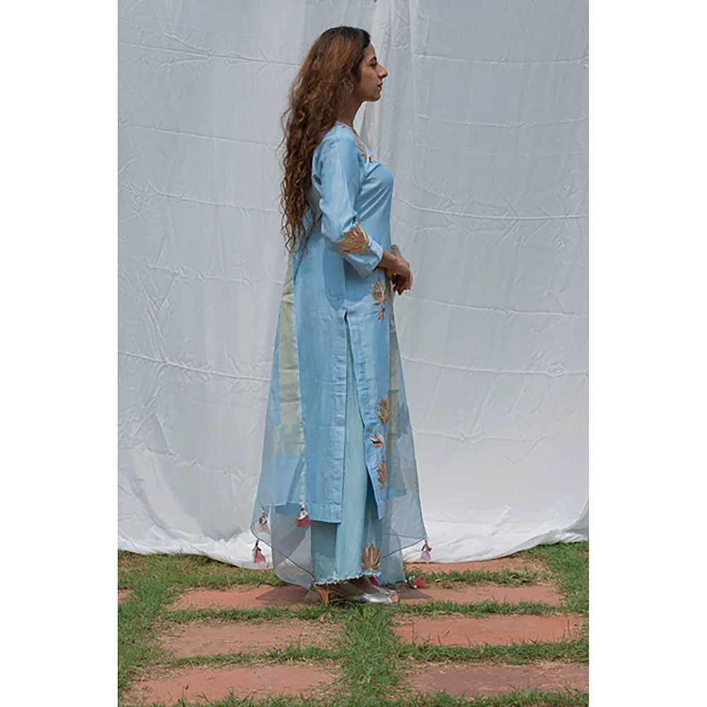 Saatvikei Lotus - Sky Blue Kurta with Pant and Dupatta (Set of 3)