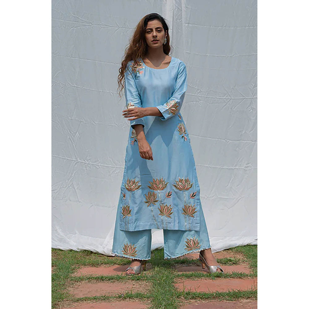 Saatvikei Lotus - Sky Blue Kurta with Pant and Dupatta (Set of 3)