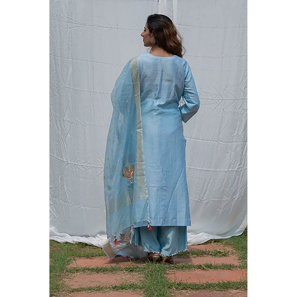 Saatvikei Lotus - Sky Blue Kurta with Pant and Dupatta (Set of 3)