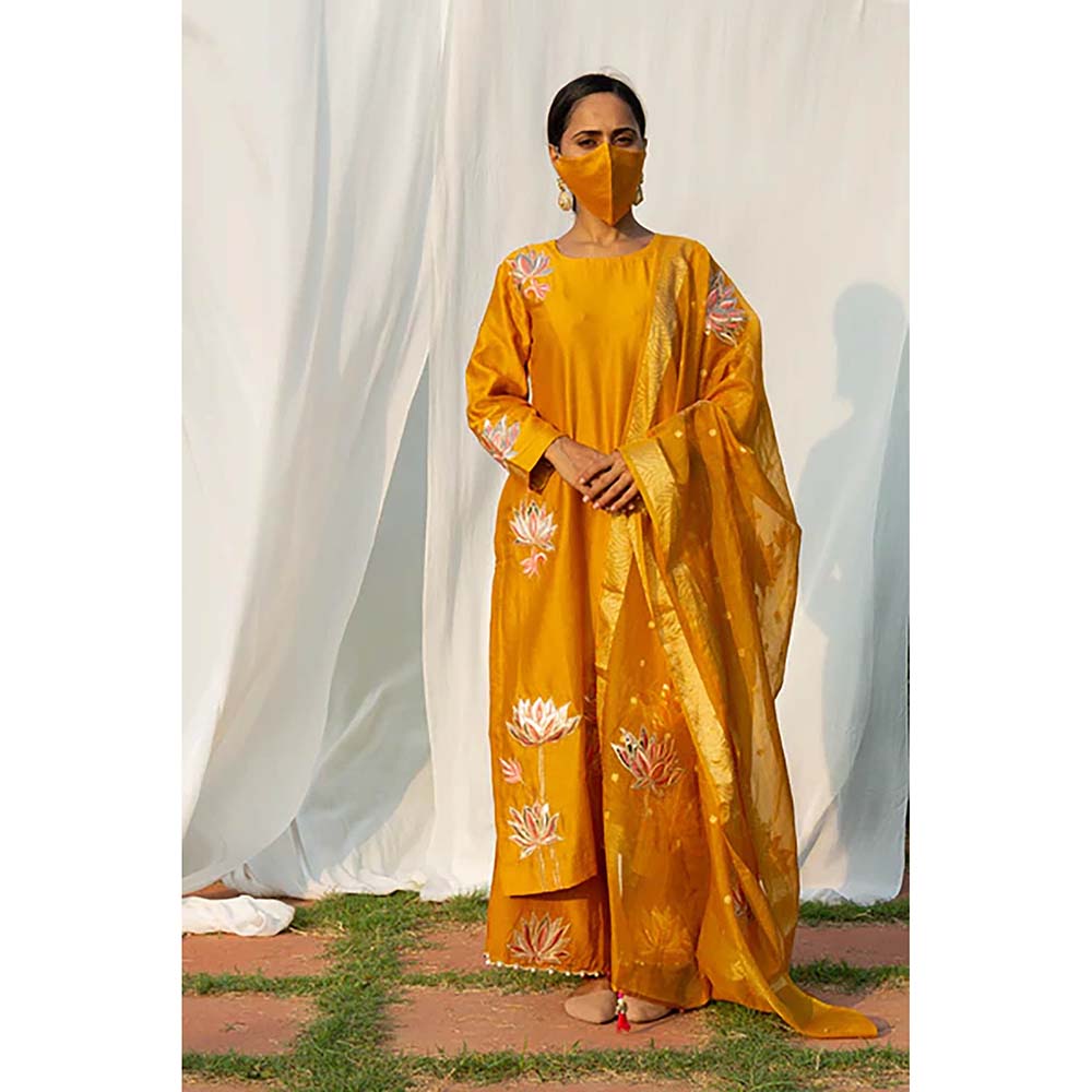 Saatvikei Lotus - Yellow Kurta with Pant and Dupatta (Set of 3)