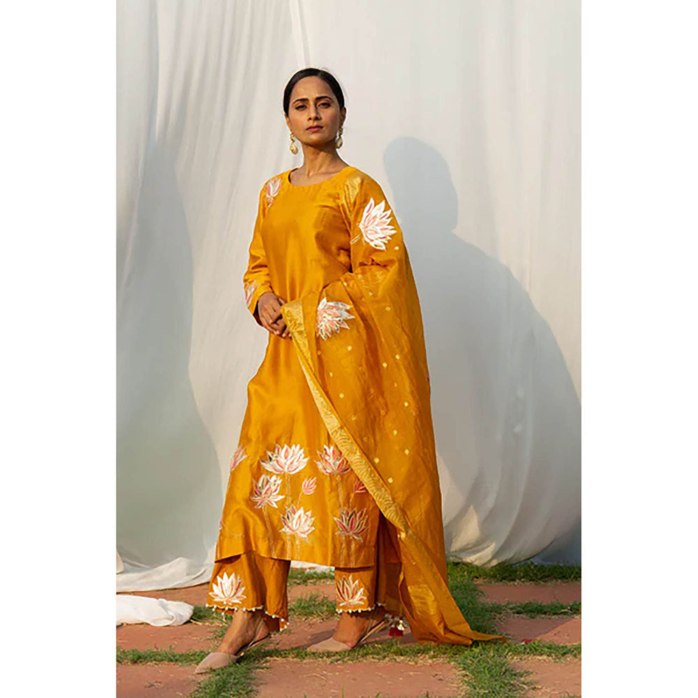 Saatvikei Lotus - Yellow Kurta with Pant and Dupatta (Set of 3)