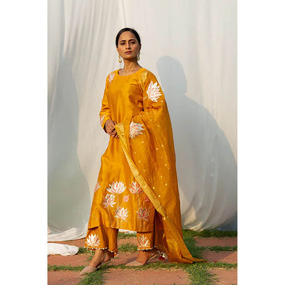 Saatvikei Lotus - Yellow Kurta with Pant and Dupatta (Set of 3)