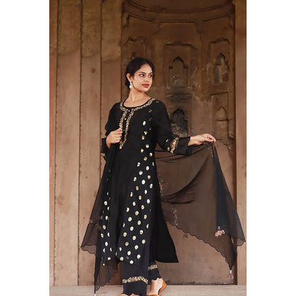 Saatvikei Meenakshi - Black Kurta with Pant and Dupatta (Set of 3)
