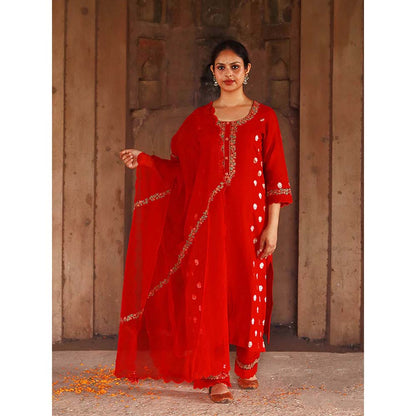 Saatvikei Meenakshi - Red Kurta with Pant and Dupatta (Set of 3)