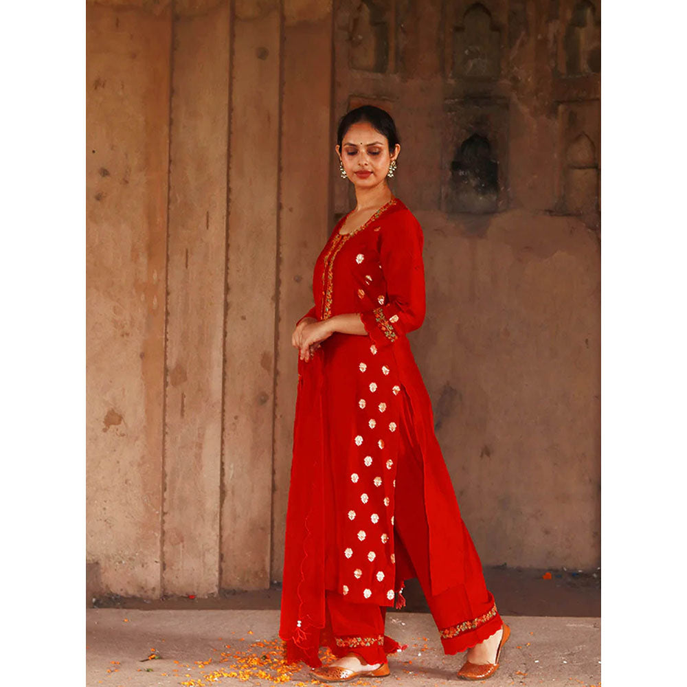 Saatvikei Meenakshi - Red Kurta with Pant and Dupatta (Set of 3)
