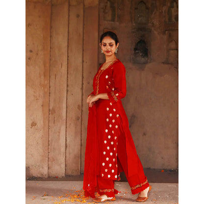 Saatvikei Meenakshi - Red Kurta with Pant and Dupatta (Set of 3)