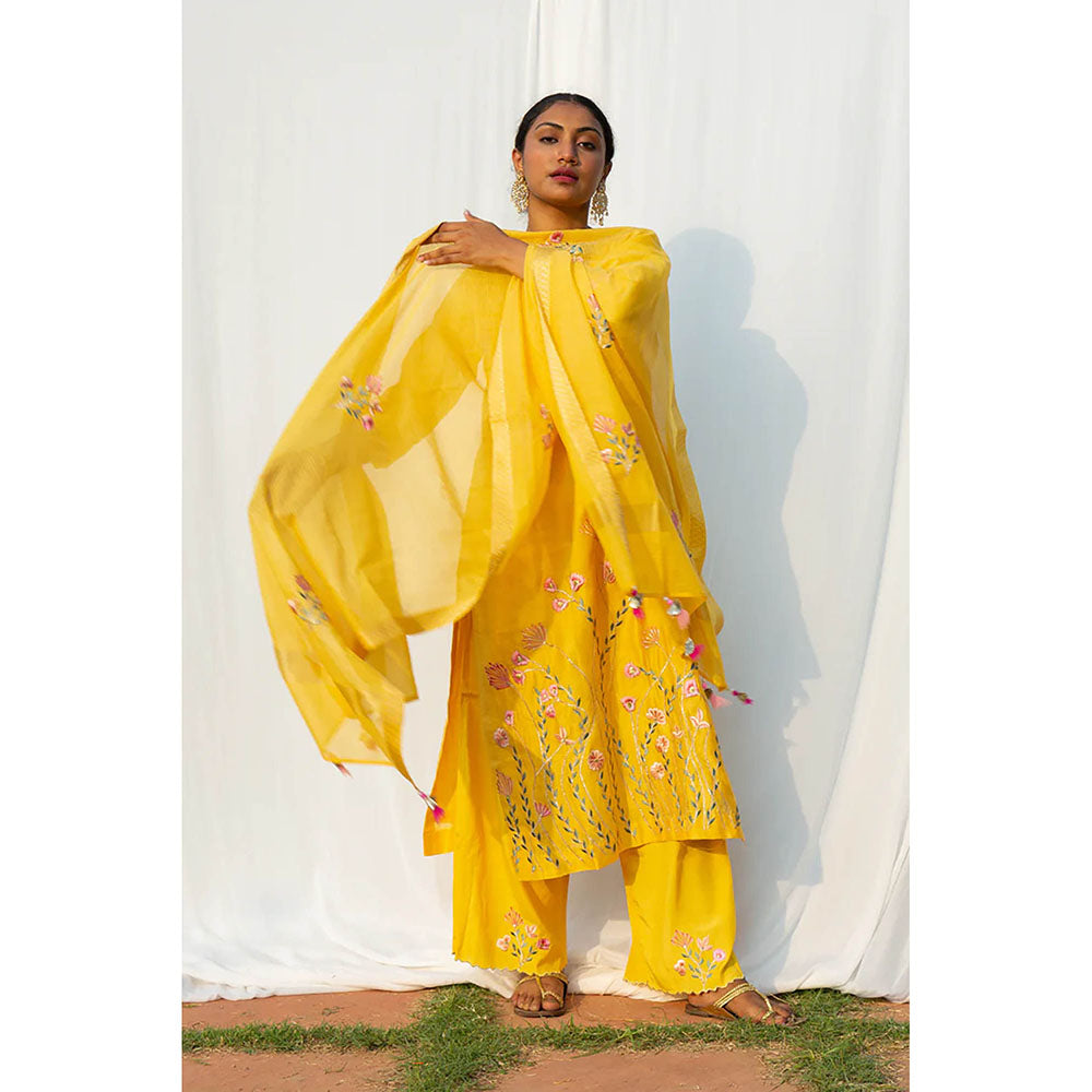 Saatvikei Nidhi - Yellow Kurta with Palazzo and Dupatta (Set of 3)