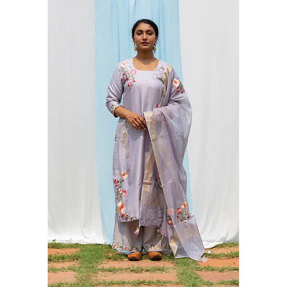 Saatvikei Parineeta - Light Grey Kurta with Palazzo and Dupatta (Set of 3)