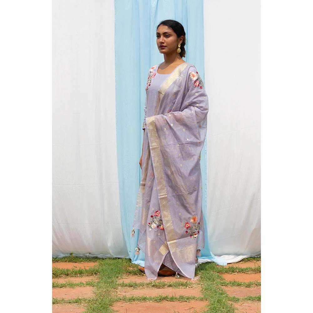 Saatvikei Parineeta - Light Grey Kurta with Palazzo and Dupatta (Set of 3)