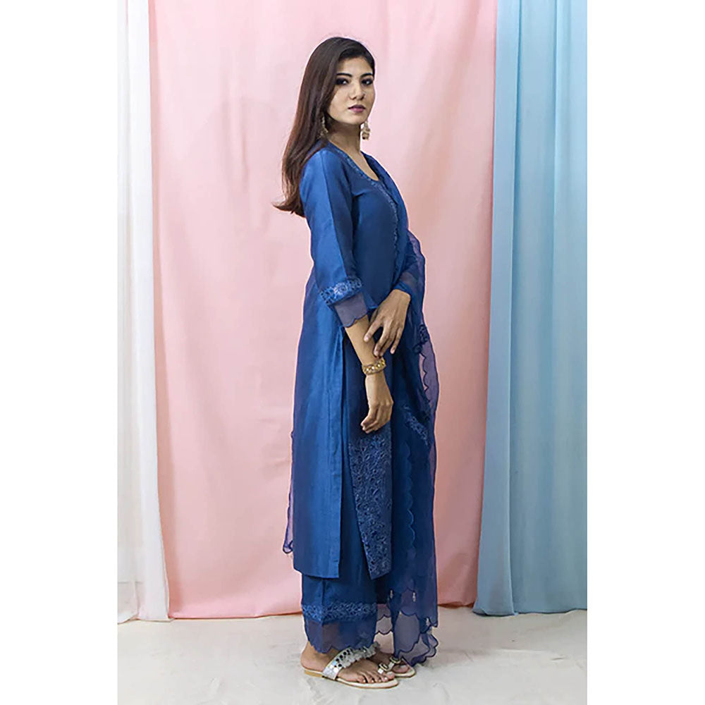 Saatvikei Raasika - Midnight Blue Kurta with Palazzo and Dupatta (Set of 3)