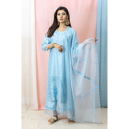 Saatvikei Raasika - Sky Blue Kurta with Palazzo and Dupatta (Set of 3)