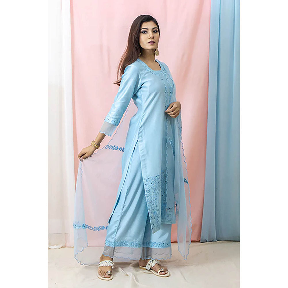 Saatvikei Raasika - Sky Blue Kurta with Palazzo and Dupatta (Set of 3)