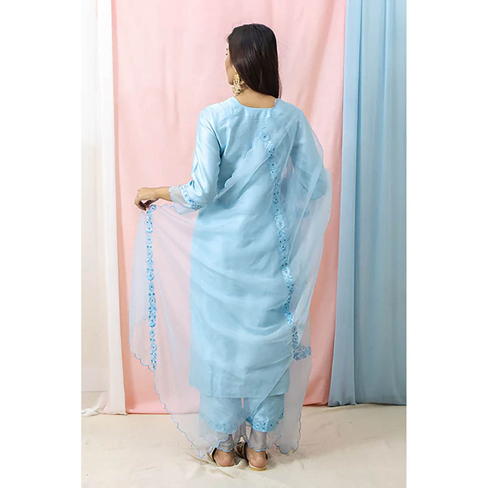Saatvikei Raasika - Sky Blue Kurta with Palazzo and Dupatta (Set of 3)