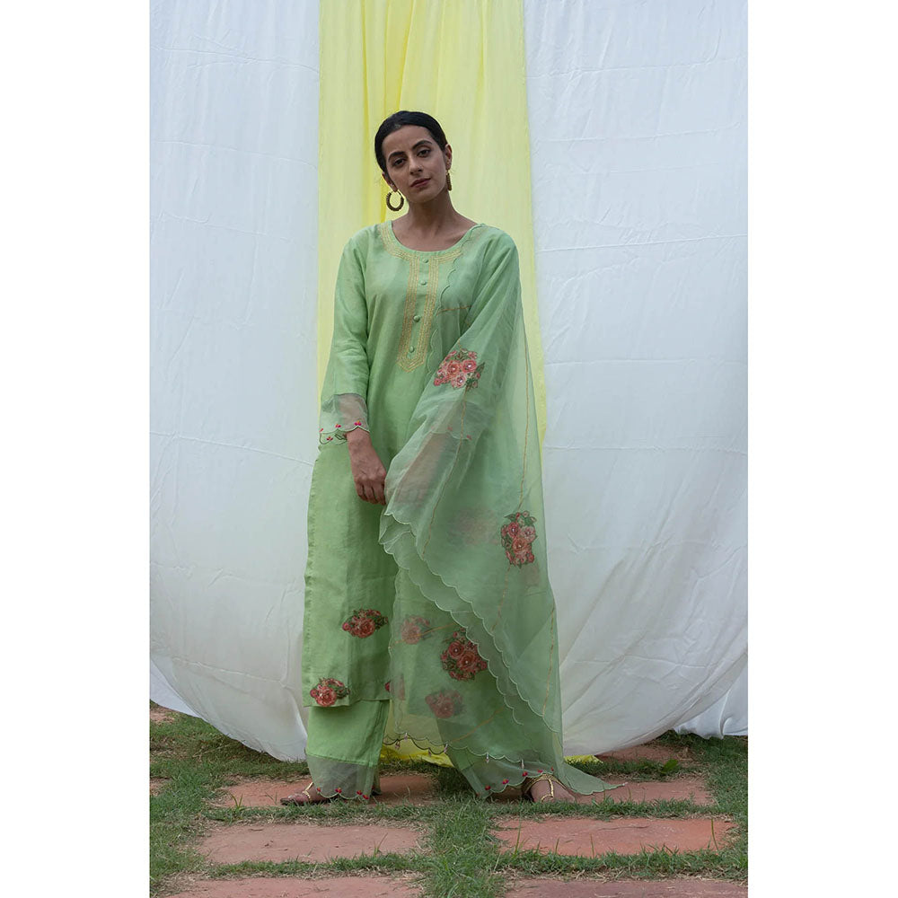 Saatvikei Radhika - Green Kurta with Palazzo and Dupatta (Set of 3)