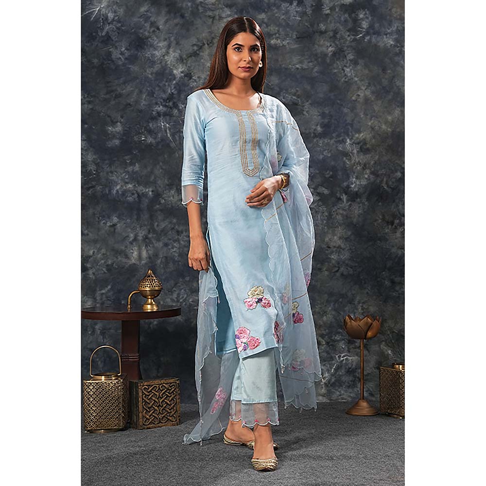 Saatvikei Radhika - Sky Blue Kurta with Palazzo and Dupatta (Set of 3)