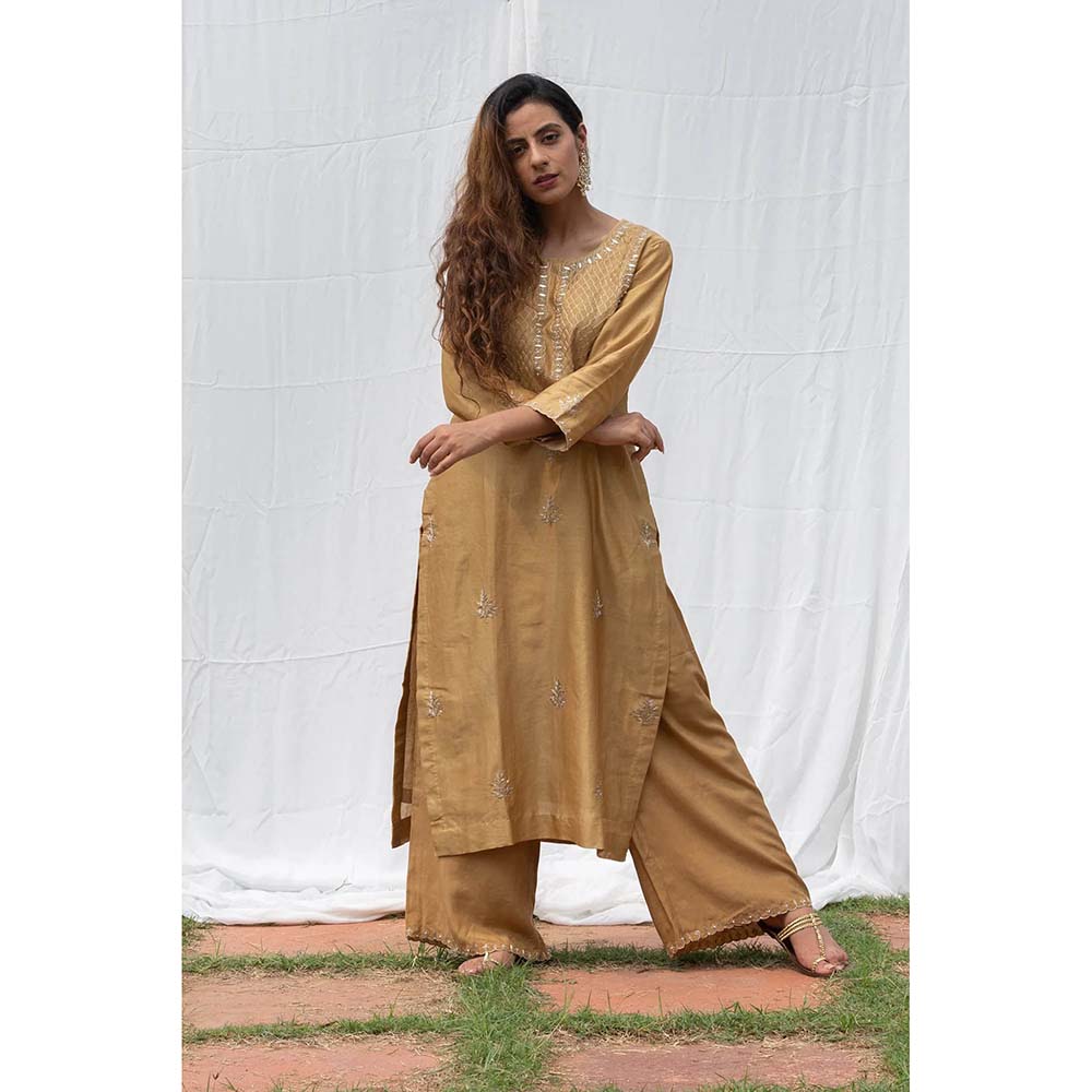 Saatvikei Raj - Beige Kurta with Palazzo and Dupatta (Set of 3)