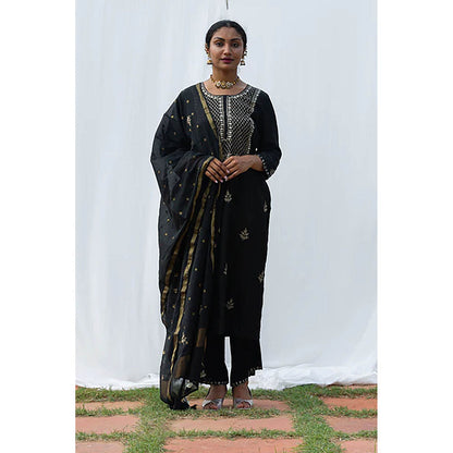 Saatvikei Raj - Black Kurta with Palazzo and Dupatta (Set of 3)