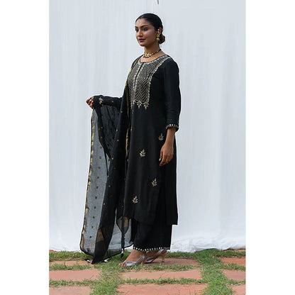 Saatvikei Raj - Black Kurta with Palazzo and Dupatta (Set of 3)