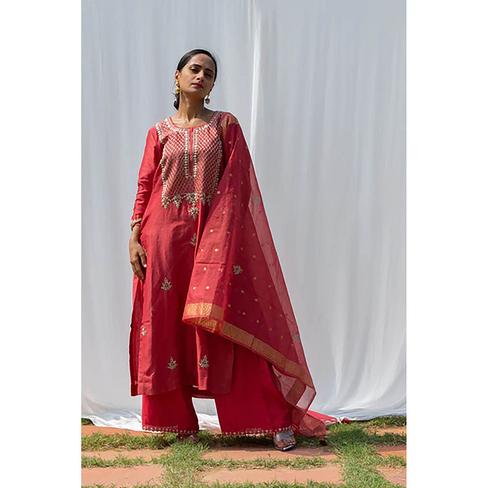 Saatvikei Raj - Coral Red Kurta with Palazzo and Dupatta (Set of 3)