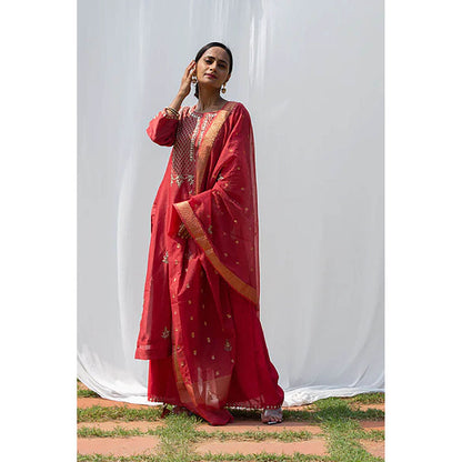 Saatvikei Raj - Coral Red Kurta with Palazzo and Dupatta (Set of 3)