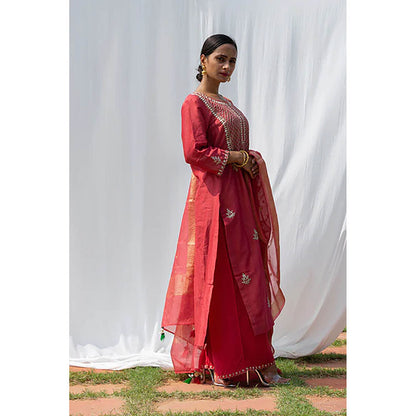 Saatvikei Raj - Coral Red Kurta with Palazzo and Dupatta (Set of 3)
