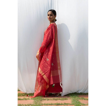 Saatvikei Raj - Coral Red Kurta with Palazzo and Dupatta (Set of 3)