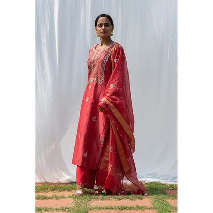 Saatvikei Raj - Coral Red Kurta with Palazzo and Dupatta (Set of 3)