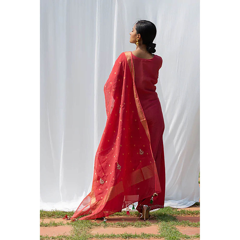 Saatvikei Raj - Coral Red Kurta with Palazzo and Dupatta (Set of 3)