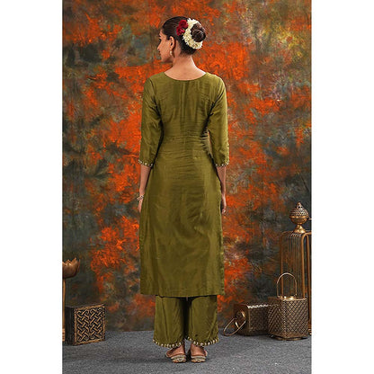Saatvikei Raj - Olive Green Kurta with Palazzo and Dupatta (Set of 3)