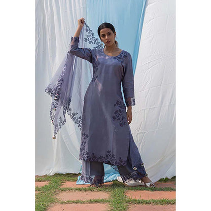 Saatvikei Rajdulari - Dark Grey Kurta with Palazzo and Dupatta (Set of 3)