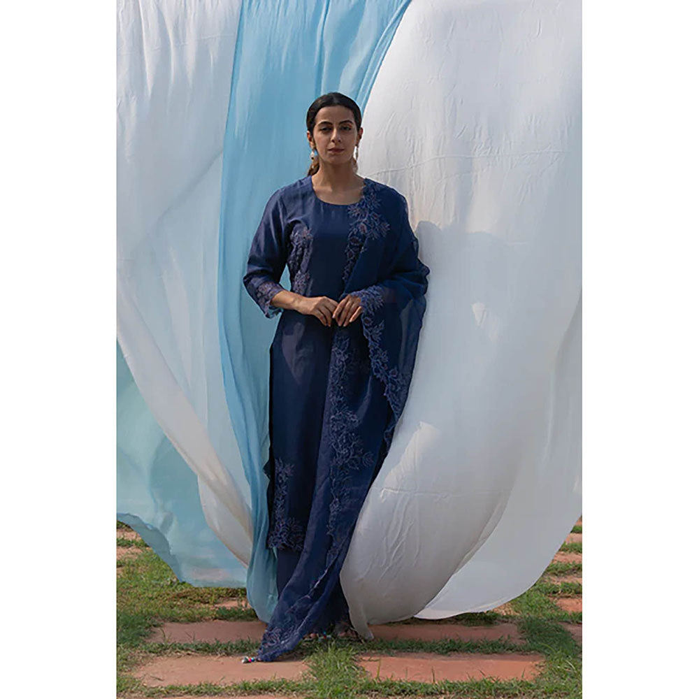 Saatvikei Rajdulari - Midnight Blue Kurta with Palazzo and Dupatta (Set of 3)