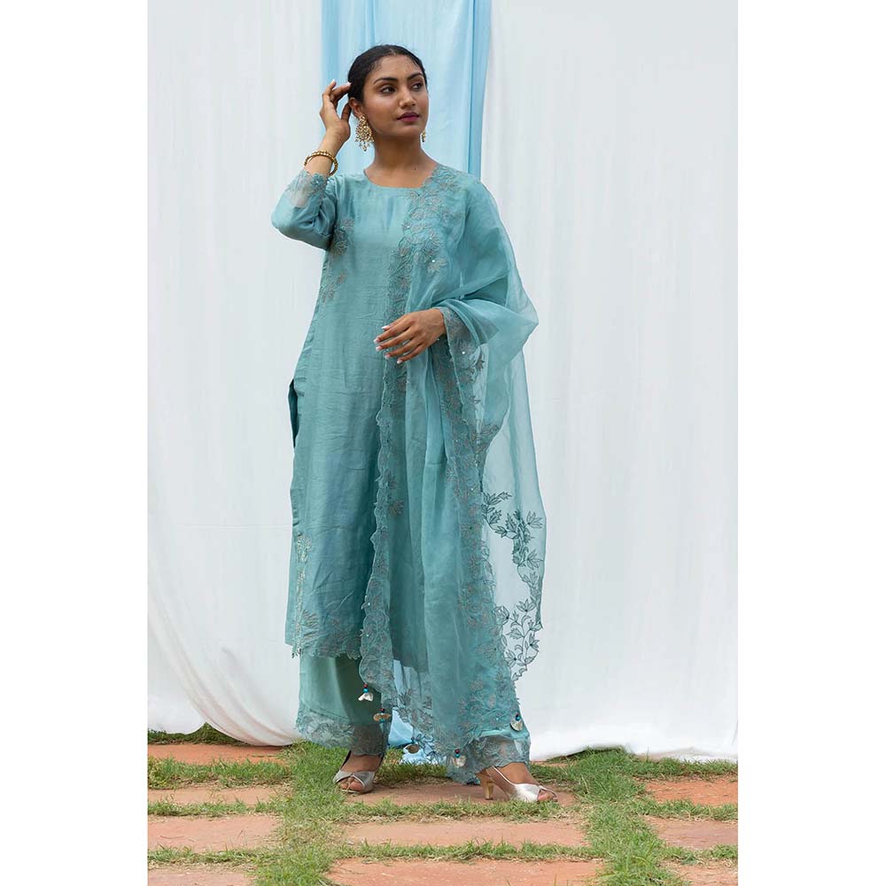 Saatvikei Rajdulari - Powder Blue Kurta with Palazzo and Dupatta (Set of 3)
