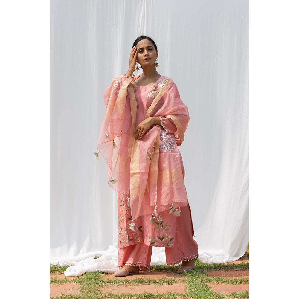 Saatvikei Rajkumari - Salmon Pink Kurta with Palazzo and Dupatta (Set of 3)
