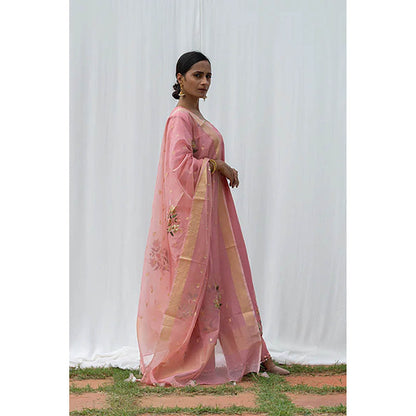 Saatvikei Rajkumari - Salmon Pink Kurta with Palazzo and Dupatta (Set of 3)