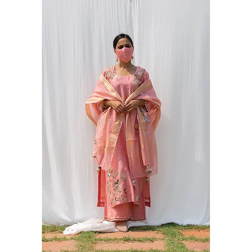 Saatvikei Rajkumari - Salmon Pink Kurta with Palazzo and Dupatta (Set of 3)