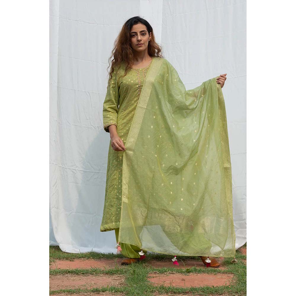 Saatvikei Rajnandini - Green Kurta with Palazzo and Dupatta (Set of 3)
