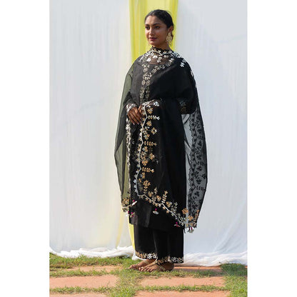 Saatvikei Rajshree - Black Kurta with Palazzo and Dupatta (Set of 3)