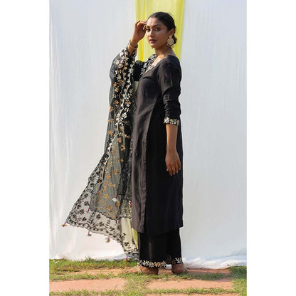 Saatvikei Rajshree - Black Kurta with Palazzo and Dupatta (Set of 3)