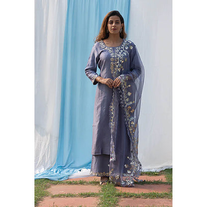 Saatvikei Rajshree - Dark Grey Kurta with Palazzo and Dupatta (Set of 3)