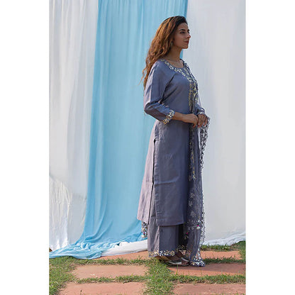 Saatvikei Rajshree - Dark Grey Kurta with Palazzo and Dupatta (Set of 3)