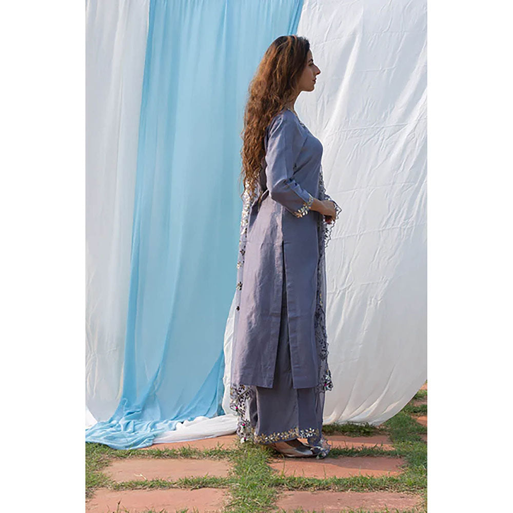 Saatvikei Rajshree - Dark Grey Kurta with Palazzo and Dupatta (Set of 3)