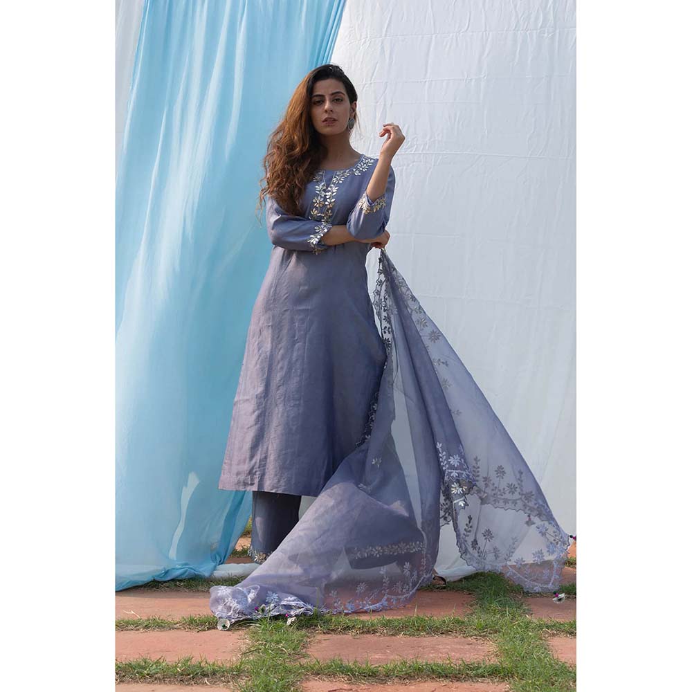 Saatvikei Rajshree - Dark Grey Kurta with Palazzo and Dupatta (Set of 3)