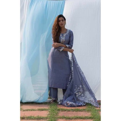 Saatvikei Rajshree - Dark Grey Kurta with Palazzo and Dupatta (Set of 3)