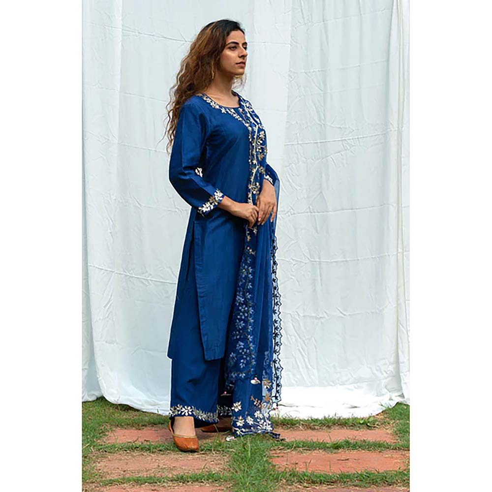 Saatvikei Rajshree - Midnight Blue Kurta with Palazzo and Dupatta (Set of 3)
