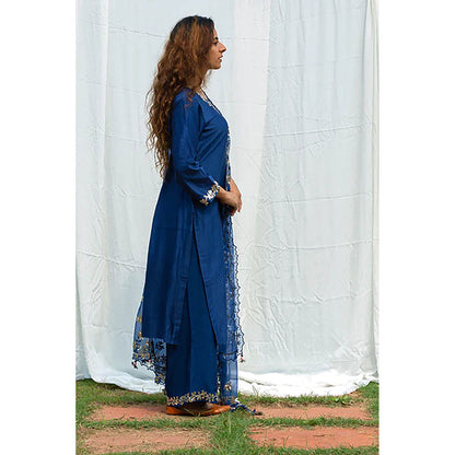 Saatvikei Rajshree - Midnight Blue Kurta with Palazzo and Dupatta (Set of 3)
